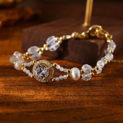 China Vintage Wholesale Diamond Faceted Crystal Beads with Freshwater Pearl Adjustable 18K Glod Fashion Bracelets for Women Jewelry Gift Party for sale