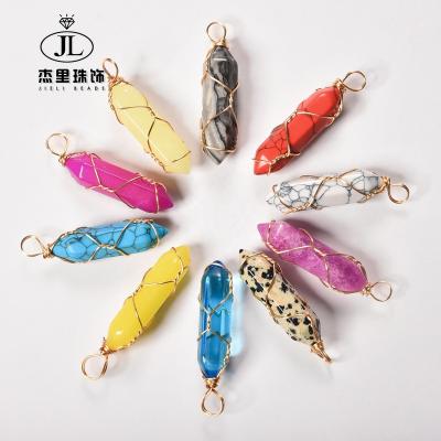 China Natural Mateiral Wire Wrap Quartz Pendulum Hexagonal Column Crystal Pendant Point Double Pointed Quartz Pendant Stone Beads Natural Stone Pendant for sale