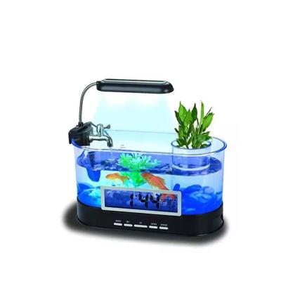 China Mini Desktop Aquariums Viable Fish Tank With LED Light Pen Holder Alarm Clock Office Decoration for sale