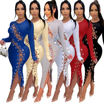 China BNY8052-Women's Dress O Neck Long Sleeve Solid Breathable Bandage One Piece Dress Sexy Women Club Wear for sale