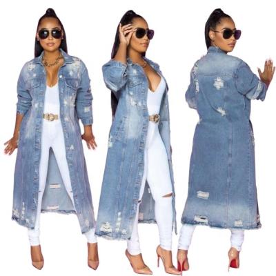 China High Quality Viable Autumn Office Fashion Women Long Ladies Denim Jacket Spring Sheath Ripped Workwear for sale