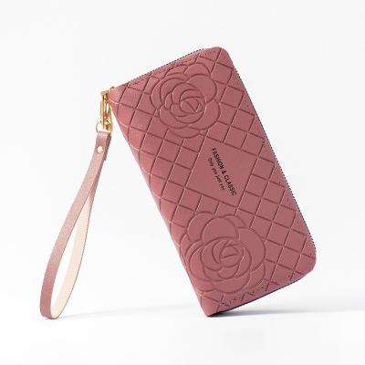 China Waterproof Innovative Products Smooth To Touch Rose Double Zipper Genuine Leather Wallet Women Large Capacity for sale