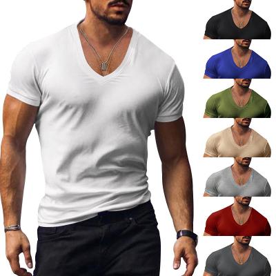 China Anti-wrinkle Summer Men New Solid Color Slub Cotton Pure Cotton Hot Sale V Neck Short Sleeve T Shirt pour Hommes for sale