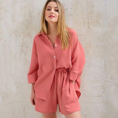 China QUICK DRY Wholesale Plain Color Breathable Lounge Wear Oversize MuslinWomen Homewear Double Gauze Shorts Set pajamas for women set for sale