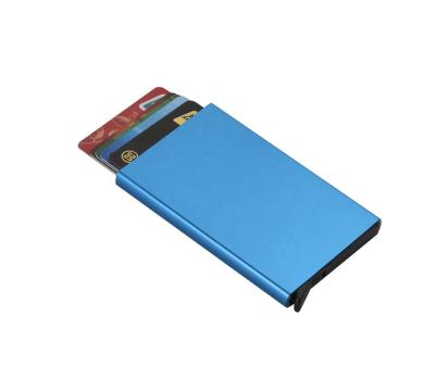 China RFID Blocking Protects Classic Automatic Blue Promotional Men's Slim Card Holder Debit Card Holder Metal Design RFID Card Holder Wallet for sale