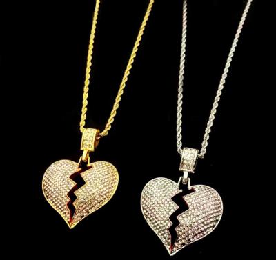 China Hiphop Broken Heart Shape Charm Pendant Gold Plated Chains Ladies Necklace For Hitter Hip Hop Style Diamond Rope Chains Man Jewelry for sale