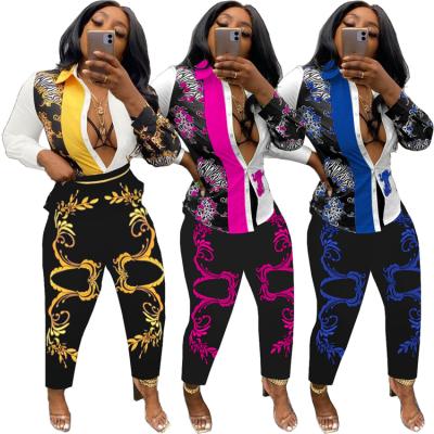 China Anti-pilling 2021 new arrival elegant long sleeves printing two-piece shirt set autumn two-piece sets for women for sale