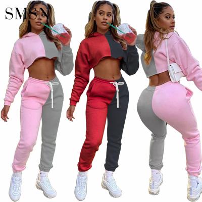 China Newest Design Solid Color Breathable Patchwork Sheath Long Tops Stylish Tow Piece Pants Set Crop Sweatpants And Hoodie Set for sale