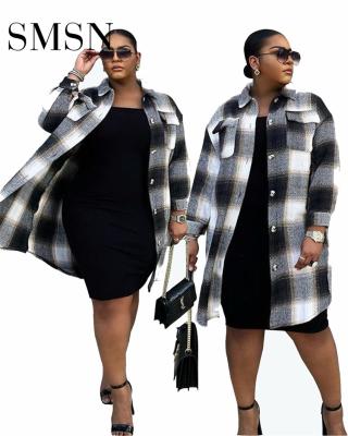 China 2021 Autumn New Breathable Plaid Print Fashion Pocket Single Breasted Women's Clothing Plus Size Long Casual Coat For Women for sale