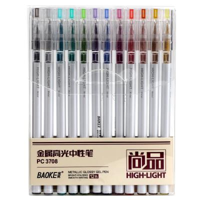 China Baoke 0.6mm Glitter Glitter Gel Pen 12 Highlighter Bar Gel Pen Multicolor Metallic Fine Point Tip Gel Ink Pen for sale