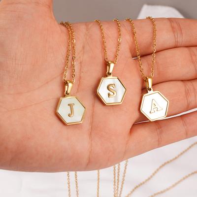 China New Hiphop 18K Gold Shell Letter Necklace Stainless Steel Hexagonal Initial Pendant Necklace For Women for sale