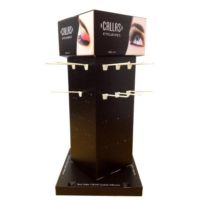 China Advertising Four Faces 360 Degree Floor Display Stand Cosmetic Shelf Makeup With Hooks Plastic Cardboard Eyelash Showcase For Sale for sale