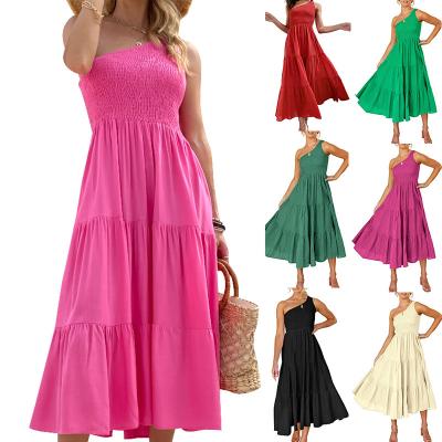 China Sustainable Women's One-Shoulder Dressy Dress Layered Bohemian Dress Pleated Dress for sale