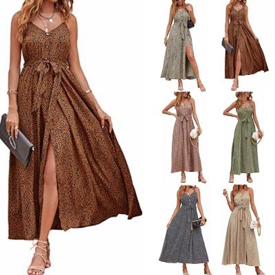 China Summer Viable Women's V-Neck Button Split Elegant Sleeveless Dress With Belt Casual Dresses for sale