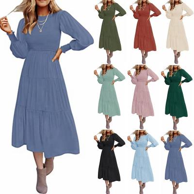 China Long Sleeve Pleated Layered Swing Dress Girls Cheap Summer Casual Wear Women's Large Size for sale