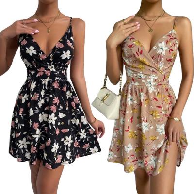 China New viable summer women's elegant V-neck suspender skirt sweater printed sleeveless dress for sale