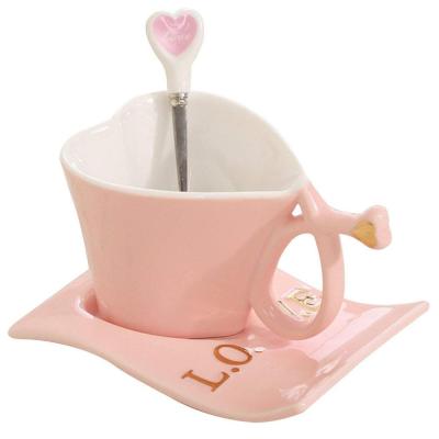 China Sustainable Love Heart Shape Ceramic Tea Milk Coffee Water Mug Set With Spoon Valentine's Day Gift Christmas Gifts for sale