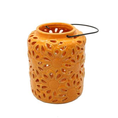 China Outdoor Home Decoration Garden Decoration Orange Glazed Ceramic Lantern Candle Holder for sale