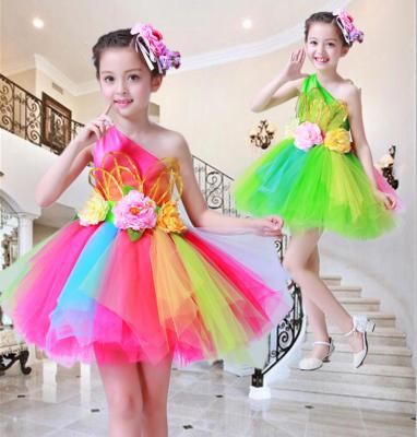 China Dresses Colorful Flowers Salsa Dance Dress For Girls Sexy Modern Dance Costume For Girls Dance Wear Kids Competition for sale