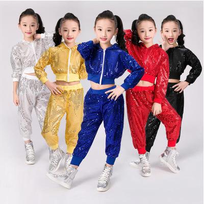 China Square 2022 Newest Kids Hop Dancewear Costumes Girls Boys Modern Jazz Dance Outfits Sequined Hoodie +Ballroom Party Dance Pants for sale