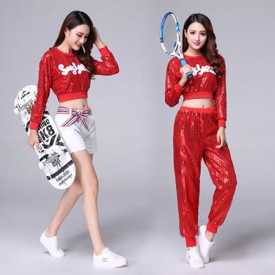 China Student Dance Costume Fitness Jazz Dance Costume Korean Sexy Sets Pants Loose Belly Top Modern Dance Costume for sale