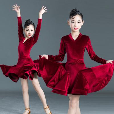 China Latin Dance Dresses Long Sleeves Velvet Dresses For Kids Girls Competition Ballroom Tango Salsa Dancewear Practice Wear Cha Cha for sale