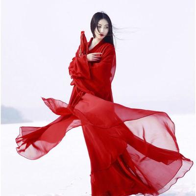 China Newest Traditional Chinese Hanfu Dresses 2021 For Women Solid Red Plus Size Chiffon Folk Dance Costume Vintage Female Tang Suit for sale