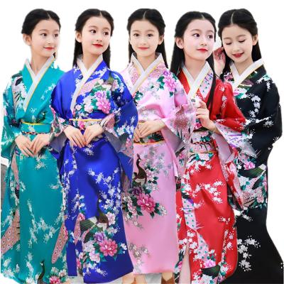 China 2022 Girls 8Color Obi Dress Silk Print Peacock Fashion Haori Dress Kids Asian Japanese Traditional Kimono Long Sleeve Dress T01 for sale