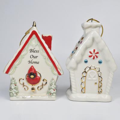 China Popular Hot Sale Christmas Gift Mini Ceramics House For Hang Creative Tree Decoration Painted Gold Stamping Ornaments Modern Christmas Wholesale for sale