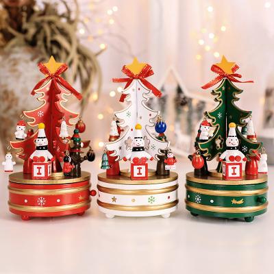 China Rotating Christmas Tree Ornament Christmas Tree Craft Desktop Ornaments Wooden Music Box Christmas Gift Desktop Gifts for sale