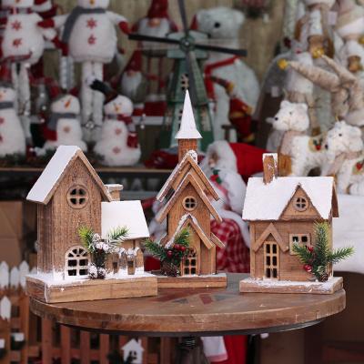 China Wooden Christmas Scene Decoration Supplies Ornaments Snow House Christmas Log Cabin Ornament Christmast House Luminous Christmas Decorations for sale