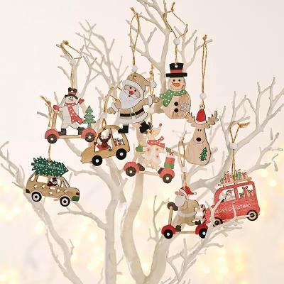 China Freedom's Day 9pcs/box Christmas Car National Santa Claus Wooden Pendants Xmas Tree Hanging Ornaments Christmas Decorations For Kids Home Gift Navidad for sale