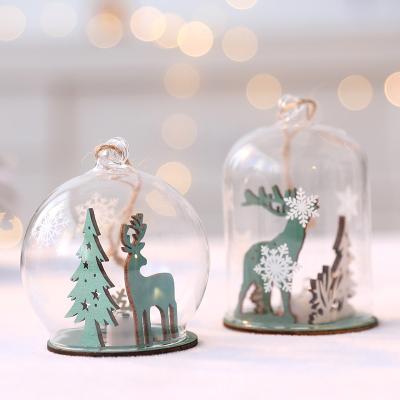 China Christmas Popular Xmas Gift Wooden Glass Decoration New Clear Hanging Tree Ball With Hanging Snow Bauble Elks Snowman Old Man Wood Interior for sale