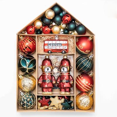 China Lovely Colorful 2023 New Year Red 5 navidad Colors 70PCS Candy/Christmas Bear/Rainbow House Ball And Tree Ornaments Hanging Baubles Set Box for sale