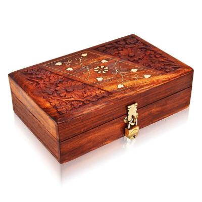 China Europe Handmade Father's Day Decorative Wooden Jewelry Box with Lock Key Jewelry Organizer Keepsake Box Treasure Chest Trinket Holder for sale