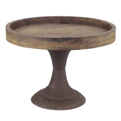 China Rustic Worn Natural Pedestal Tray Decorative Pillar Candle Holder Wood and Metal from Europe for Valentine's Day Gift for sale