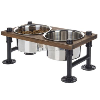 China Storage Rustic Wood and Industrial Metal Double Pet Feeder with Rack Metal Bracket Solid Wood Pet Feeders for sale