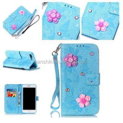 China Classic Luxury 3D Flower Printing PU Leather Case With Butterfly Flower Pattern Embossed Leather Cell Phone Case For iPhone 7 for sale