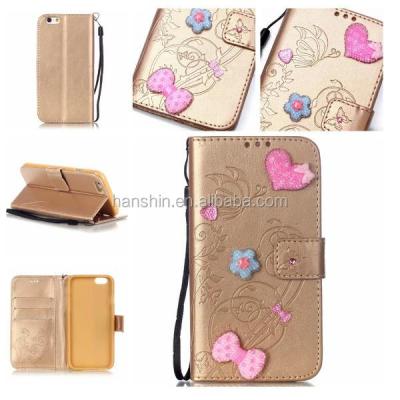 China Custom Colored Leather Hand Strap Factory Flower Printing PU Case Wallet Case For iphone 6 6s for sale