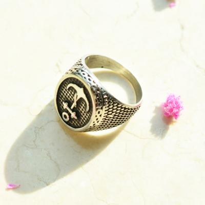 China Retro Men Stainless Steel Signet Ring Anchor Signet Championship Ring Men for sale