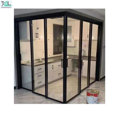 China Sound Insulation Xilin Moden Slim Frame Black Aluminum Multi Panel Tempered Glass Corner Sliding Door for sale