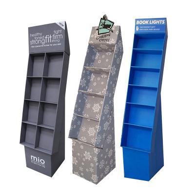 China Recycled Corrugated Floating Cardboard Book Advertising Shelf Custom 8 Pockets Portable Supermarket Rack Materials Promotional Display Stands for sale