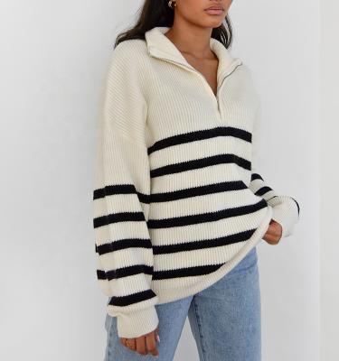 China Anti-wrinkle winter hot sale custom knit sweater fashion high neck stripe oversized sweater for sale