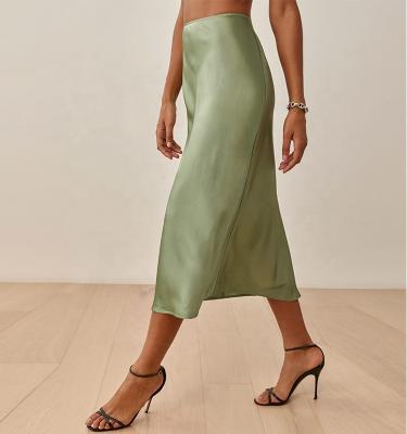 China Office Ladies Midi Pencil Skirt Women High Waisted Summer Silk Breathable Satin Solid Long Elegant Skirt for sale