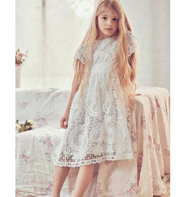 China Wholesale Lovely Washable White Short Sleeves Flower Mesh Lace Dress Kids Little Party Bridesmaids Lace Up Dresses for sale