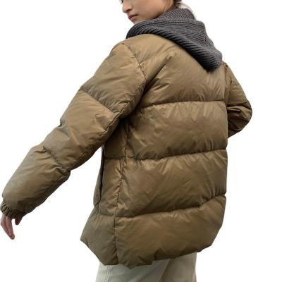 China Cheap Factory Price Breathable Gray Camel Polyester Two Pieces Fake With Zipper Design Madame Goose Down Jacket for sale