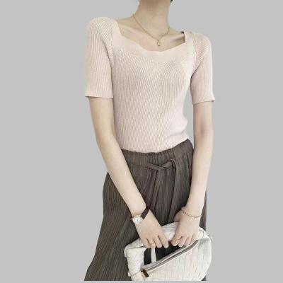 China Affordable Luxury Niche Women's Slim Fit Anti-pilling Women's Clothing Drop Collar Square Collar Designer's Short Sleeve Knitwear Sweater for sale