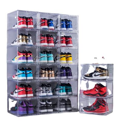 China Viable Minimalist Design Foldable Transparent Clear Stackable Plastic Drop Front Storage Sneaker Shoe Shoe Display Box for sale