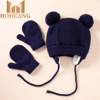 China New JOINT Kids Winter Hat Gloves Set Warm Knitted Beanies Hearing Protection Pompom For Boys Girls for sale