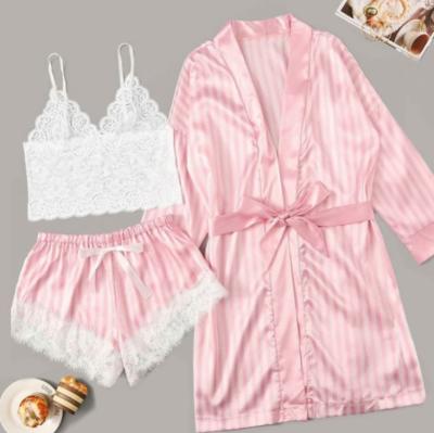 China 2021 new arrival QUICK DRY SHINY women satin silk pajamas 2 pieces set silk robe and robe sleepwear for sale